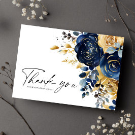 Tarjeta De Agradecimiento Boda floral Navy Blue Gold