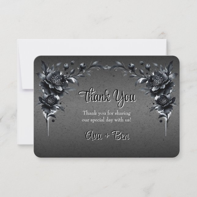 Tarjeta De Agradecimiento Boda floral negra gótica (Anverso)