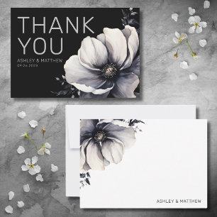 Tarjeta De Agradecimiento Boda floral negra moderna