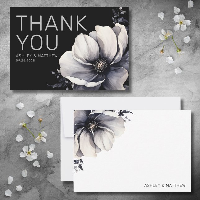 Tarjeta De Agradecimiento Boda floral negro moderno (Modern Black Floral Wedding Thank You Card)