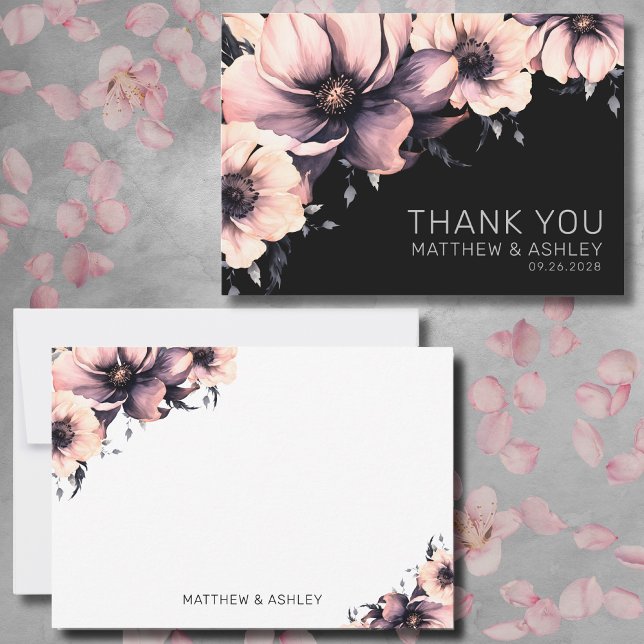 Tarjeta De Agradecimiento Boda floral negro rosado moderno (Elegant Modern Pink Black Floral Wedding Thank You Card)