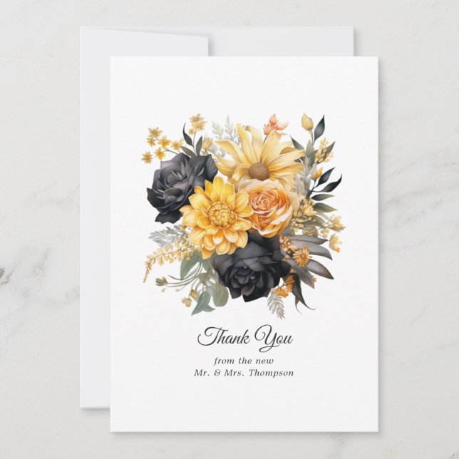 Tarjeta De Agradecimiento Boda floral negro y dorado (Anverso)
