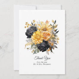 Tarjeta De Agradecimiento Boda floral negro y dorado