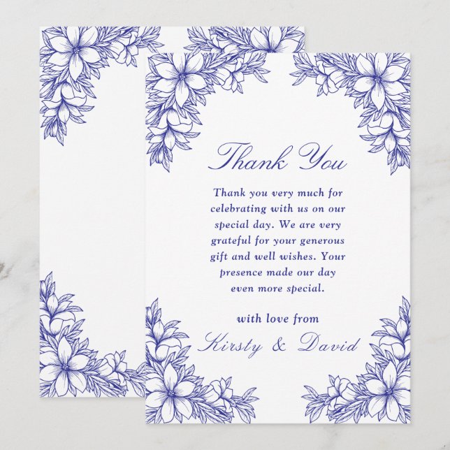 Tarjeta De Agradecimiento Boda Floral Ornate Azul (Anverso / Reverso)