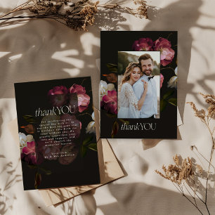 Tarjeta De Agradecimiento Boda floral oscura y temperamental Chic negro Burg