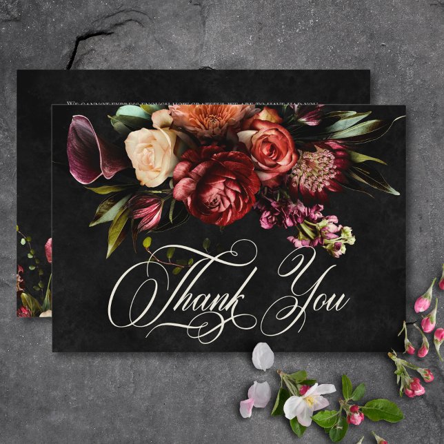 Tarjeta De Agradecimiento Boda floral oscuro elegante de otoño (Dark Elegant Autumn Floral Wedding Thank You Card)