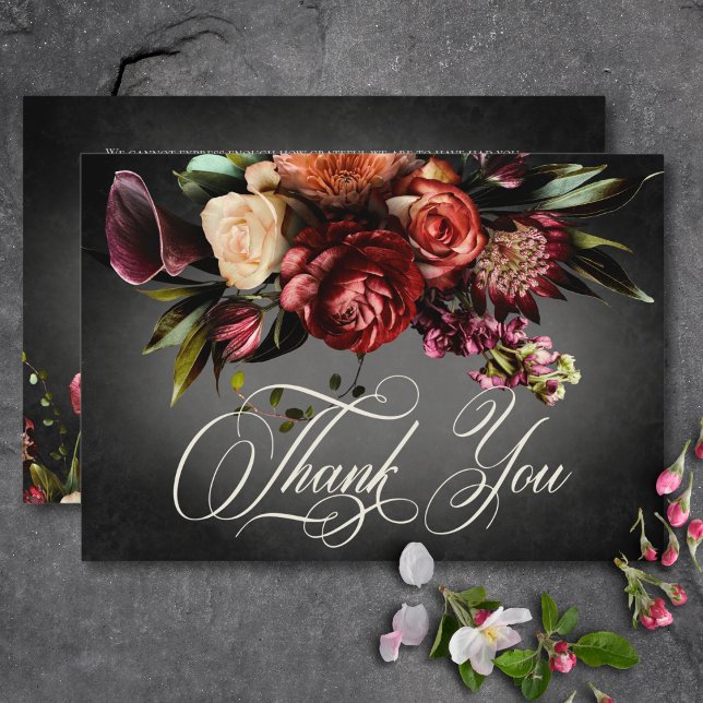 Tarjeta De Agradecimiento Boda floral oscuro y elegante (Dark Elegant Blur Autumn Floral Wedding Thank You Card)