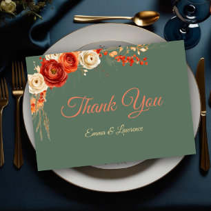 Tarjeta De Agradecimiento Boda floral otoñal elegante naranja terracota salv