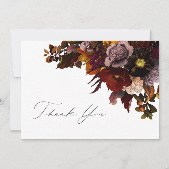 Tarjeta De Agradecimiento Boda floral otoñal oscuro y amoroso (Anverso)