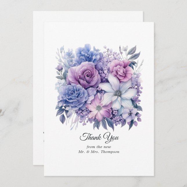 Tarjeta De Agradecimiento Boda Floral Plata, Icy Blue y Lilac (Anverso / Reverso)