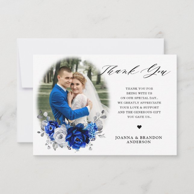 Tarjeta De Agradecimiento Boda floral plateado metálico azul real (Anverso)
