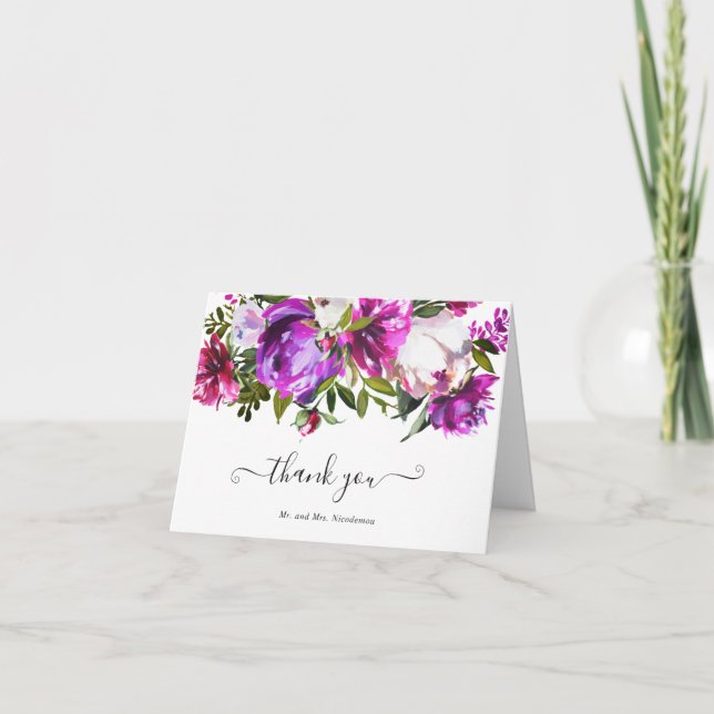 Tarjeta De Agradecimiento Boda floral púrpura brillante audaz moderno (Anverso)