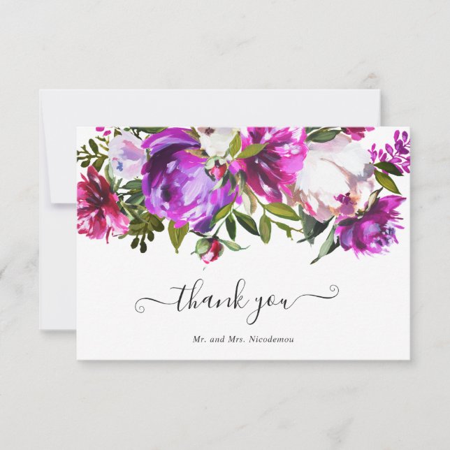 Tarjeta De Agradecimiento Boda floral púrpura brillante audaz moderno (Anverso)
