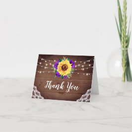 Tarjeta De Agradecimiento Boda floral púrpura de madera de encaje de girasol