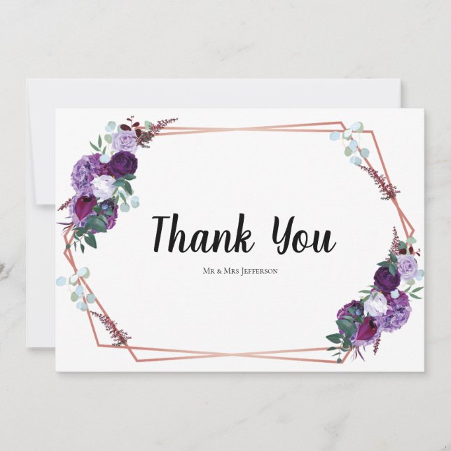 Tarjeta De Agradecimiento Boda floral púrpura moderno Gracias (Anverso)