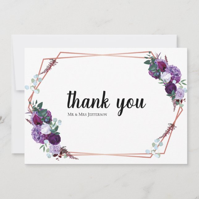 Tarjeta De Agradecimiento Boda floral púrpura moderno Gracias (Anverso)
