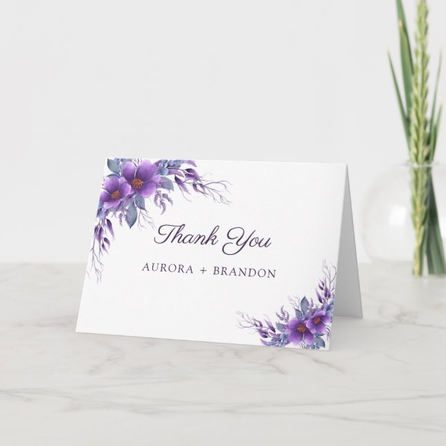 Tarjeta De Agradecimiento Boda floral púrpura rustica (Anverso)