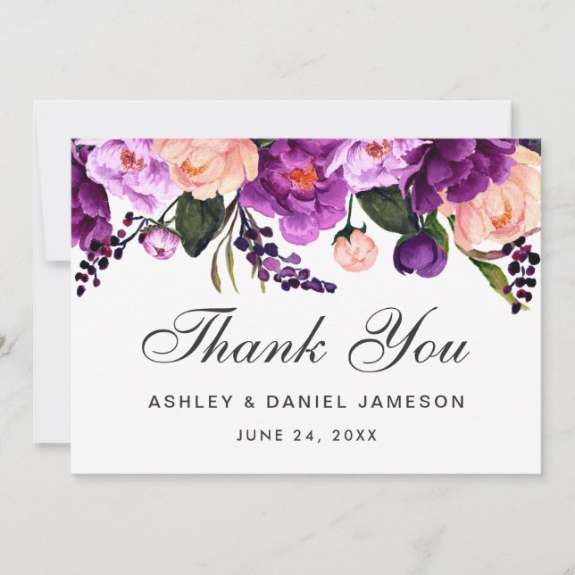 Tarjeta De Agradecimiento Boda Floral Púrpura Ultra Violeta Gracias G (Anverso)