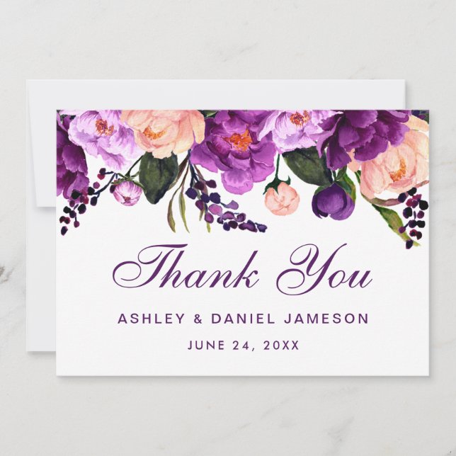 Tarjeta De Agradecimiento Boda floral púrpura ultra violeta Gracias V (Anverso)