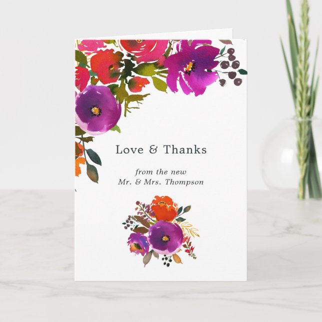 Tarjeta De Agradecimiento Boda floral púrpura y Naranja (Anverso)
