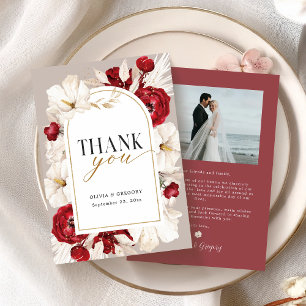 Tarjeta De Agradecimiento Boda floral roja rubí y blanca con foto