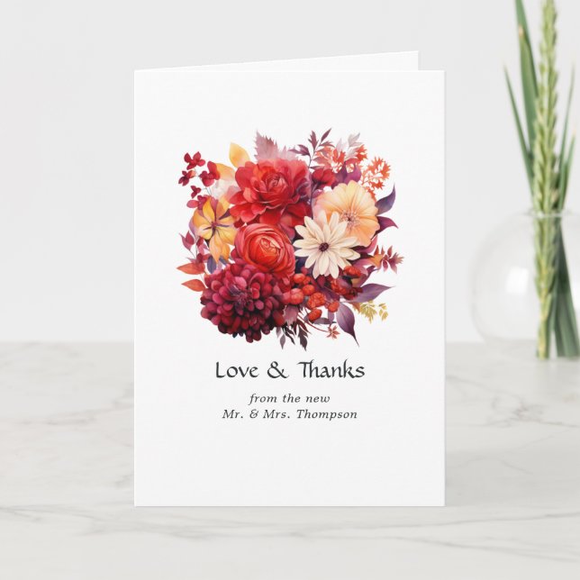 Tarjeta De Agradecimiento Boda floral roja suntuosa (Anverso)