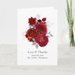 Tarjeta De Agradecimiento Boda floral roja y plateada
