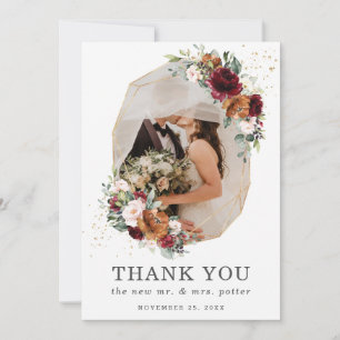 Tarjeta De Agradecimiento Boda Floral Rojo Burdeos Dorado Geométrico Foto