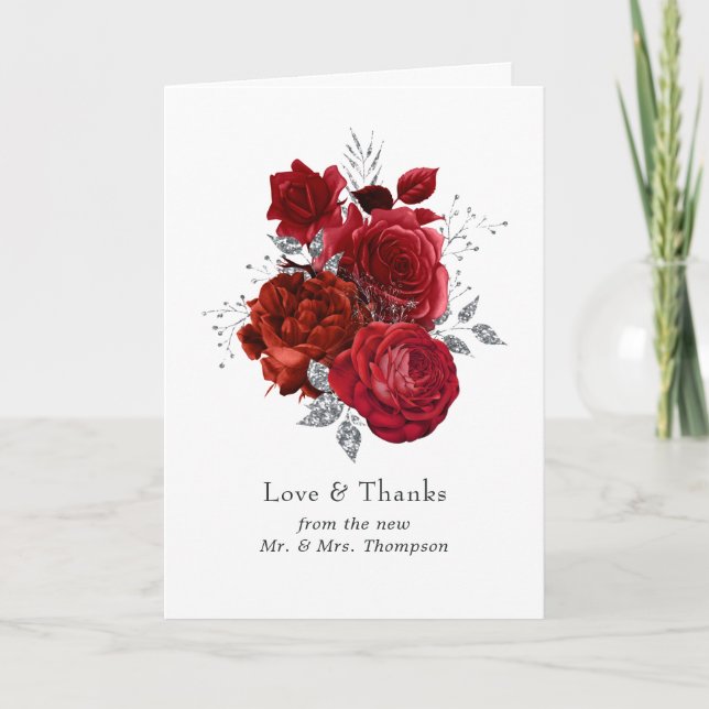 Tarjeta De Agradecimiento Boda floral rojo y plateado (Anverso)