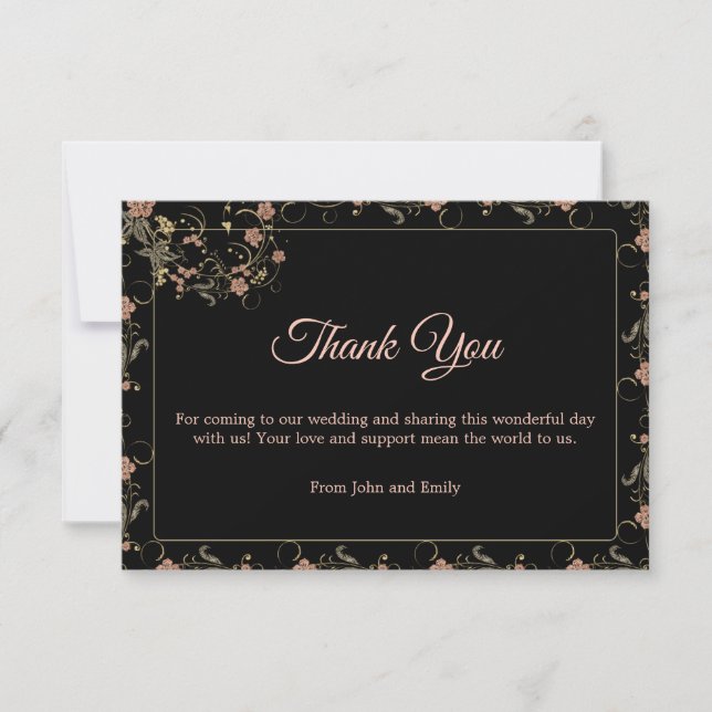 Tarjeta De Agradecimiento Boda floral romántico negro y rosa de té (Anverso)