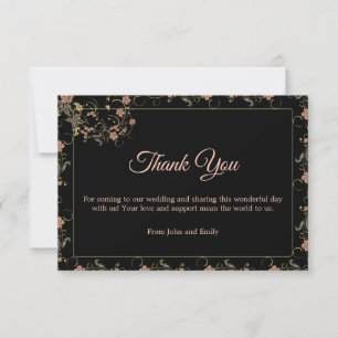 Tarjeta De Agradecimiento Boda floral romántico negro y rosa de té