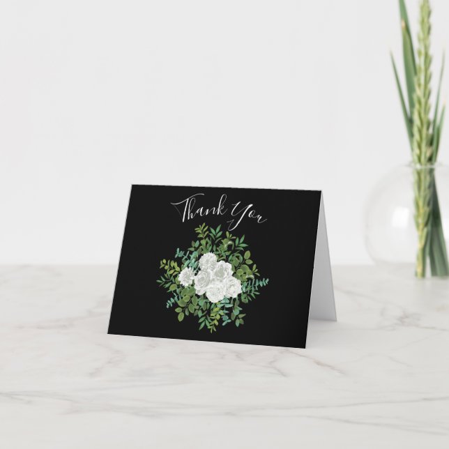 Tarjeta De Agradecimiento Boda floral rosa blanca y negra (Anverso)