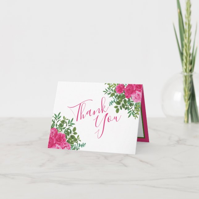 Tarjeta De Agradecimiento Boda floral rosa brillante (Anverso)