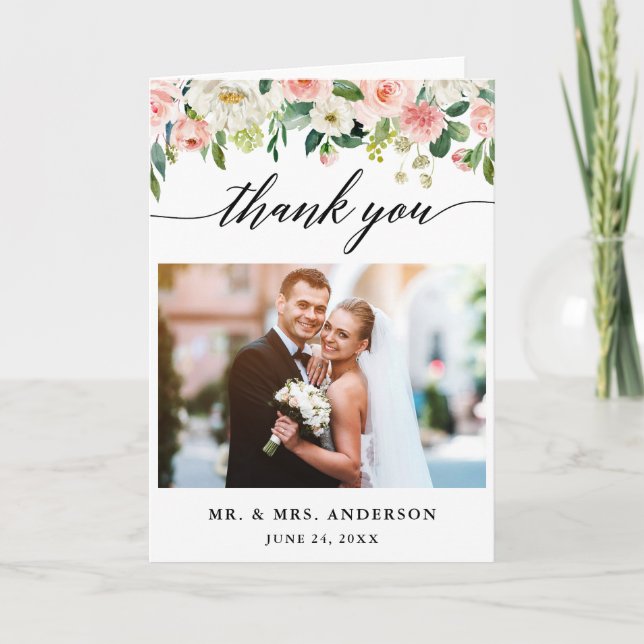 Tarjeta De Agradecimiento Boda floral rosa de caligrafía moderna doblado (Anverso)