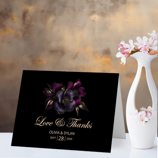 Tarjeta De Agradecimiento Boda floral rosa morado negro (Subido por el creador)