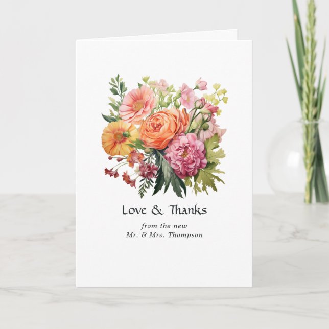 Tarjeta De Agradecimiento Boda floral rosa, Naranja y verde (Anverso)