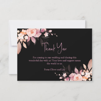 Tarjeta De Agradecimiento Boda Floral Rosa Negro y Rubor