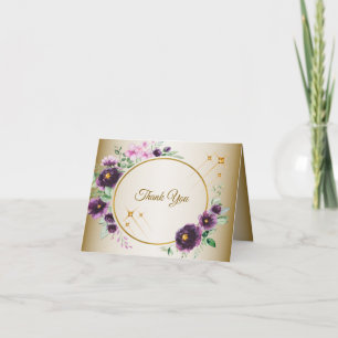 Tarjeta De Agradecimiento Boda Floral Rosa Púrpura Hojas Verdes Doradas