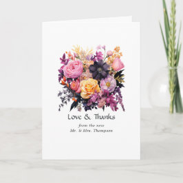 Tarjeta De Agradecimiento Boda floral rosa, púrpura, negra y dorada