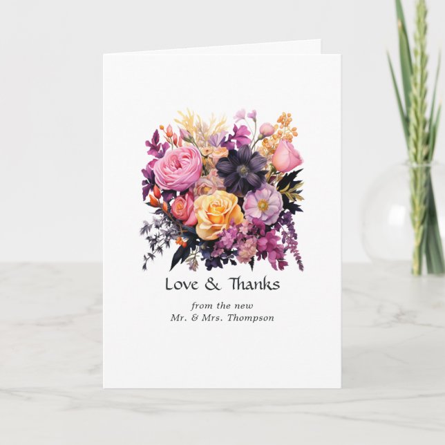 Tarjeta De Agradecimiento Boda floral rosa, púrpura, negra y dorada (Anverso)
