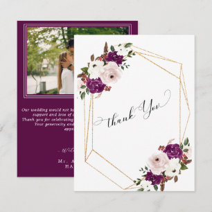 Tarjeta De Agradecimiento Boda floral rosa Rubor de ciruela morada moderna