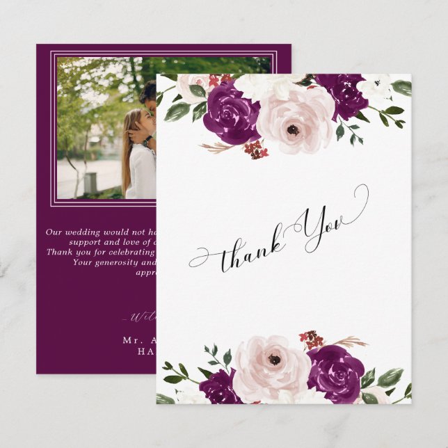 Tarjeta De Agradecimiento Boda floral rosa Rubor de ciruela morada moderna (Anverso / Reverso)