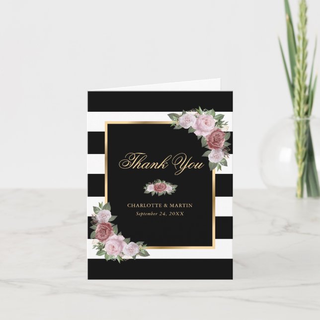 Tarjeta De Agradecimiento Boda floral rosa Rubor de oro negro moderno (Anverso)