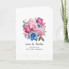 Tarjeta De Agradecimiento Boda floral rosa y azul foto