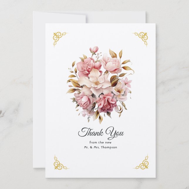 Tarjeta De Agradecimiento Boda floral rosa y dorada (Anverso)