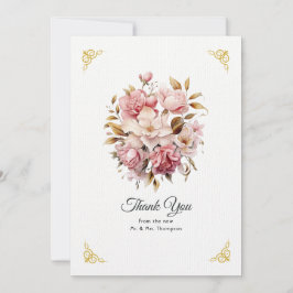 Tarjeta De Agradecimiento Boda floral rosa y dorada