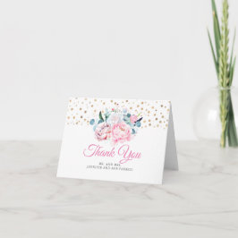 Tarjeta De Agradecimiento Boda floral rosa y dorada gracias