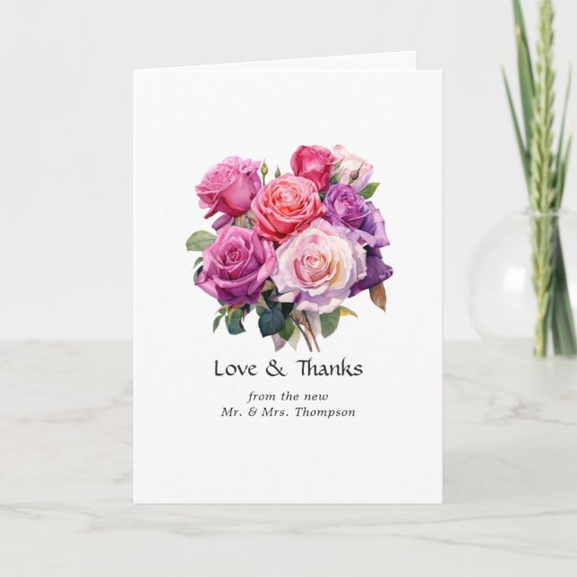 Tarjeta De Agradecimiento Boda floral rosa y púrpura (Anverso)
