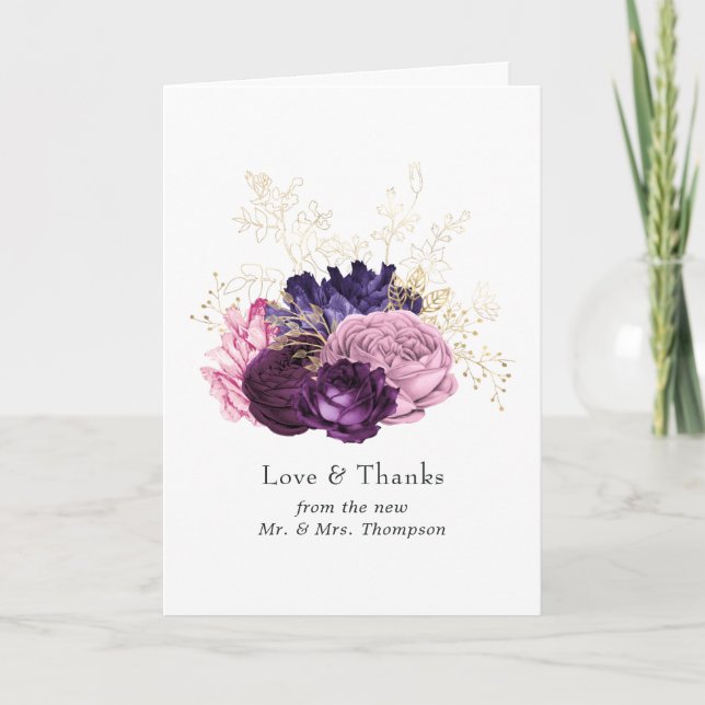 Tarjeta De Agradecimiento Boda floral rosa y púrpura (Anverso)