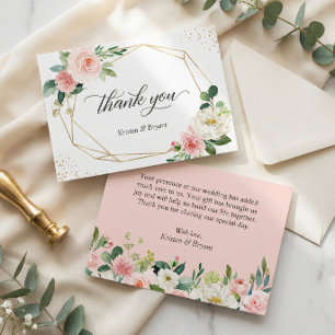 Tarjeta De Agradecimiento Boda floral rosada con marco de oro geométrico mod
